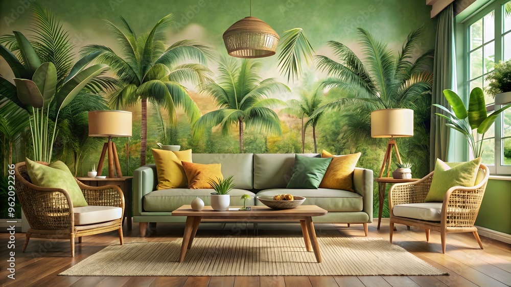 Fototapeta premium Nature themed living room with sofa rattan chairs and lush palm leaf mural for tropical vibe