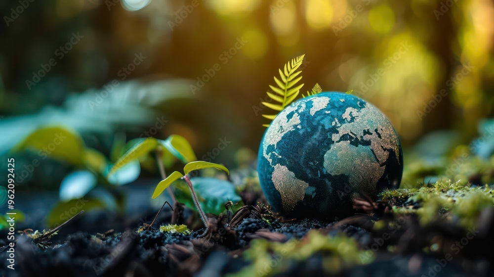 A small globe with a green sprout growing out of it sits on a bed of moss and soil in a forest. A small globe with a green sprout growing out of it sits on a bed of moss and soil in a forest.