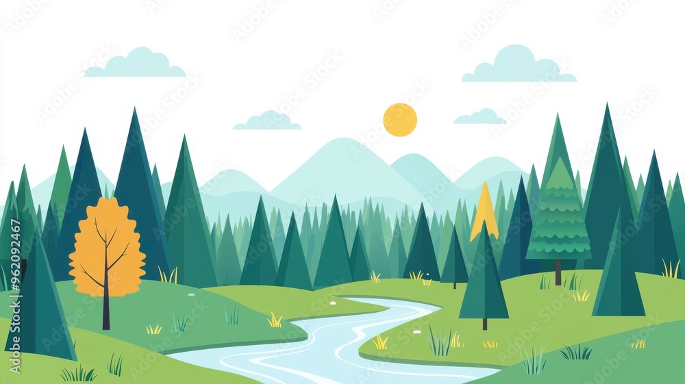 Forest with a river running through it, flat design illustration Forest with a river running through it, flat design illustration