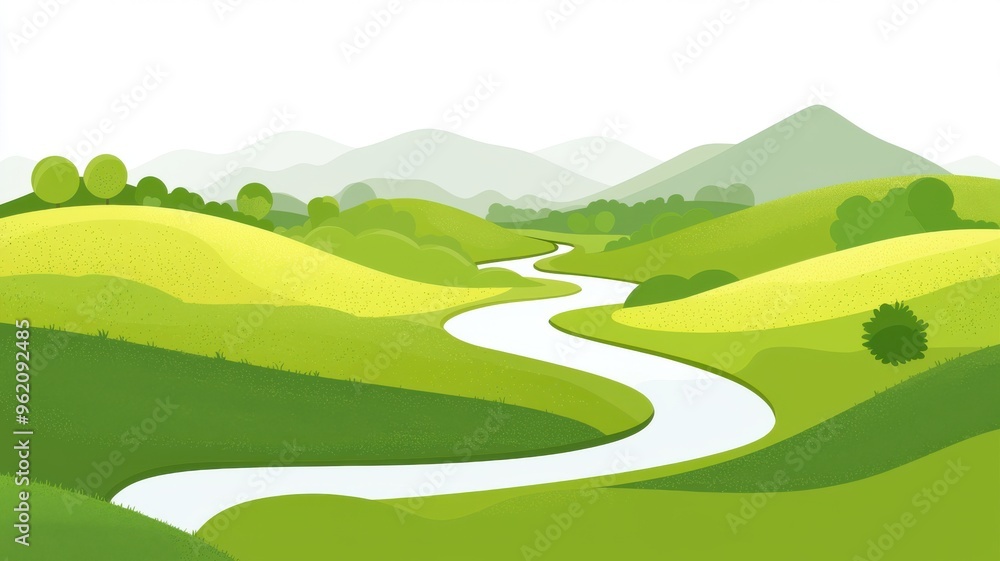 Grasslands with a winding river, flat design illustration Grasslands with a winding river, flat design illustration