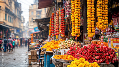Colorful Flower Garlands and Bouquets at a Busy Indian Market