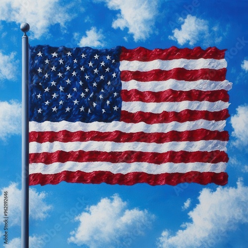 A vibrant image of the American flag waving against a backdrop of blue sky and fluffy clouds, symbolizing freedom and patriotism.