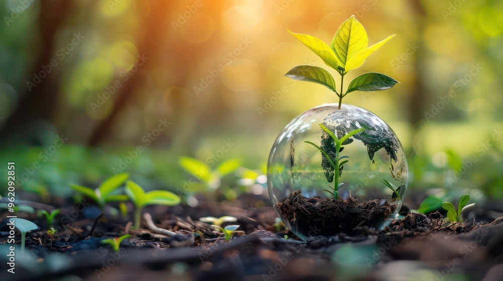 A small plant sprouts from a glass globe containing a miniature representation of the Earth, symbolizing environmental protection and sustainability. A small plant sprouts from a glass globe containing a miniature representation of the Earth, symbolizing environmental protection and sustainability.