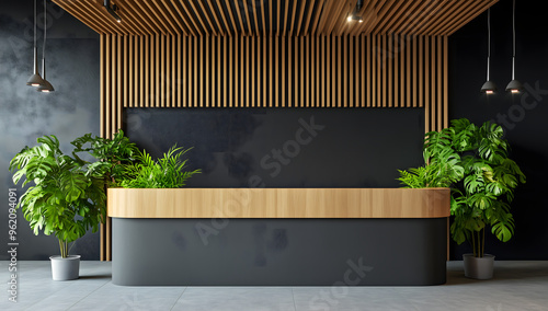 Wooden reception desk office with black walls and green plants illuminated golden light Reception and Office Concept 