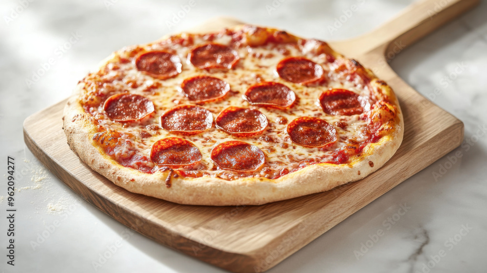 A classic pepperoni pizza with a perfectly crisp crust, served on a wooden paddle A classic pepperoni pizza with a perfectly crisp crust, served on a wooden paddle