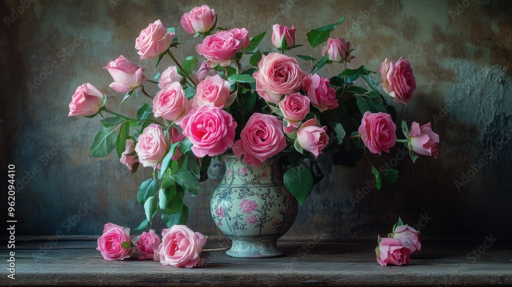 A bouquet of pink roses in various shades, arranged in a vintage vase on a wooden table, creating a timeless romantic scene. A bouquet of pink roses in various shades, arranged in a vintage vase on a wooden table, creating a timeless romantic scene.