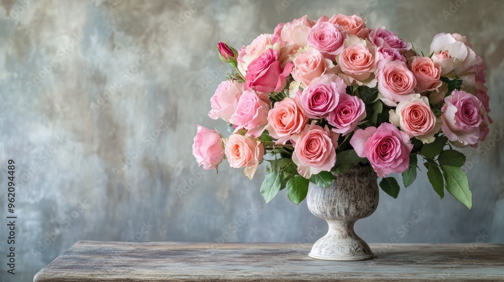 A bouquet of pink roses in various shades, arranged in a vintage vase on a wooden table, creating a timeless romantic scene. A bouquet of pink roses in various shades, arranged in a vintage vase on a wooden table, creating a timeless romantic scene.