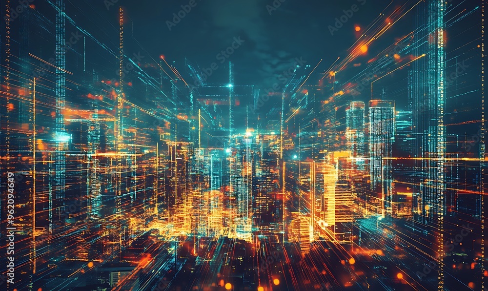 Fototapeta premium Futuristic Cityscape with Streaks of Light and Data Code