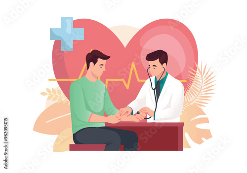 Heart cardiogram concept with people scene in the flat cartoon style. A doctor uses a stethoscope to consult a patient, with a heart and a medical cross in the background. Vector illustration.