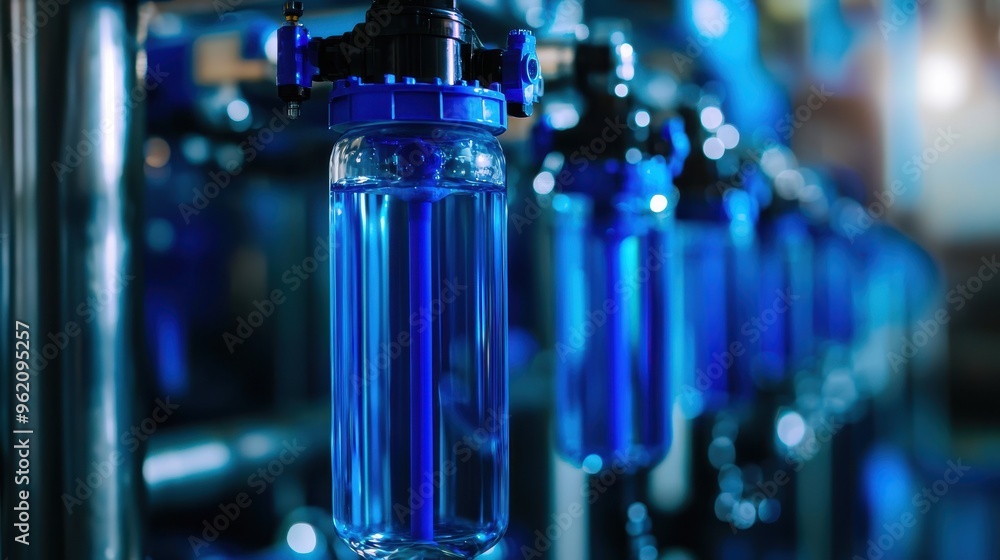 Close-up of blue water filtration system showcasing clear filter containers and metallic pipes in an industrial setting. Close-up of blue water filtration system showcasing clear filter containers and metallic pipes in an industrial setting.