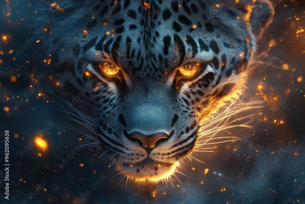 majestic leopard emerging from a swirling galaxy of stars and cosmic dust with glowing eyes reflecting the universe majestic leopard emerging from a swirling galaxy of stars and cosmic dust with glowing eyes reflecting the universe
