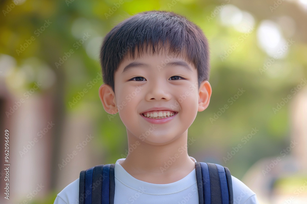 A 10-year-old beautiful schoolboy of Asian appearance smiles joyfully. school learning concept. Advertising banner A 10-year-old beautiful schoolboy of Asian appearance smiles joyfully. school learning concept. Advertising banner