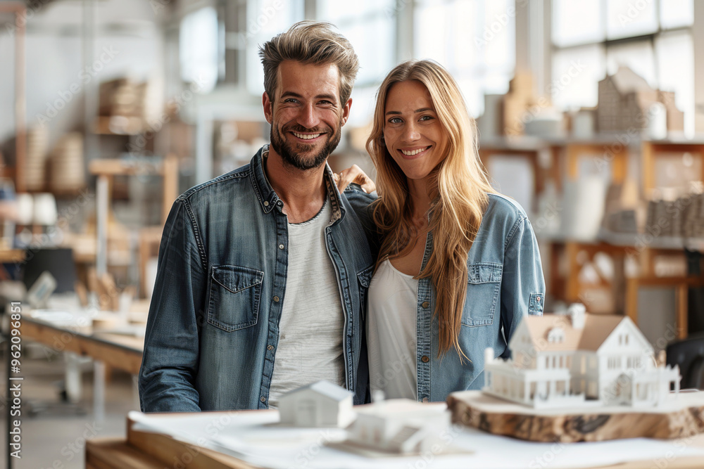 Happy young couple stands together, smiling brightly as they examine a layout of model homes. Their excitement reflects the dreams of owning their first house Happy young couple stands together, smiling brightly as they examine a layout of model homes. Their excitement reflects the dreams of owning their first house
