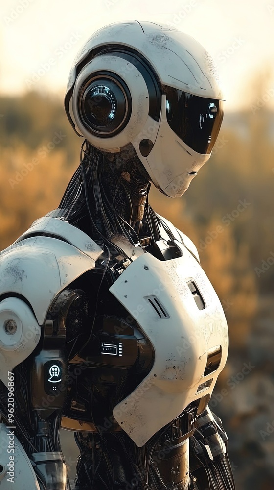 White futuristic robot standing in a desert landscape White futuristic robot standing in a desert landscape