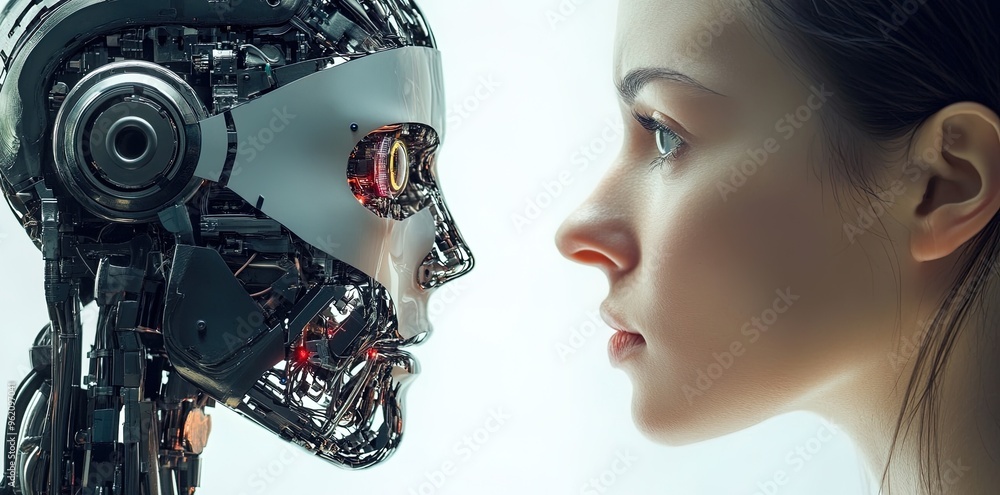Woman and robot looking at each other face to face Woman and robot looking at each other face to face