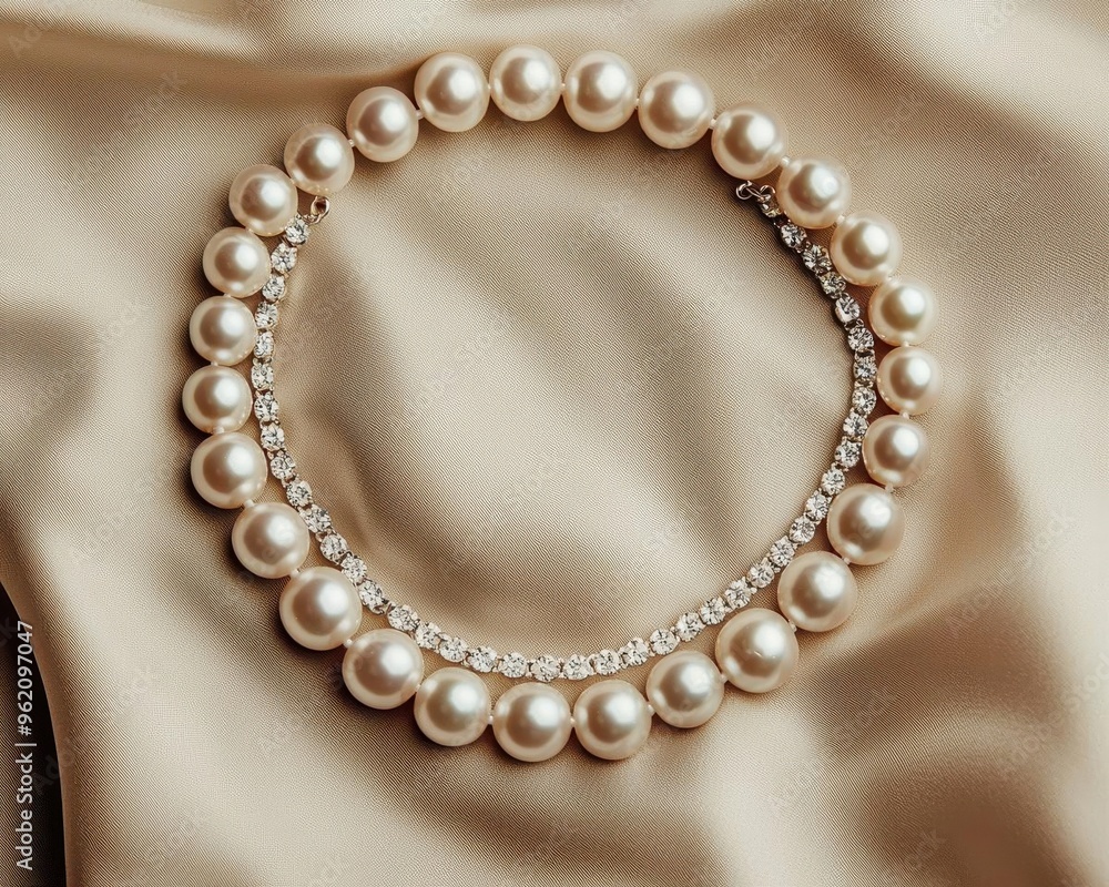 Statement necklace with oversized pearls and crystal embellishments, displayed elegantly on a silk backdrop, Jewelry, Classic luxury Statement necklace with oversized pearls and crystal embellishments, displayed elegantly on a silk backdrop, Jewelry, Classic luxury
