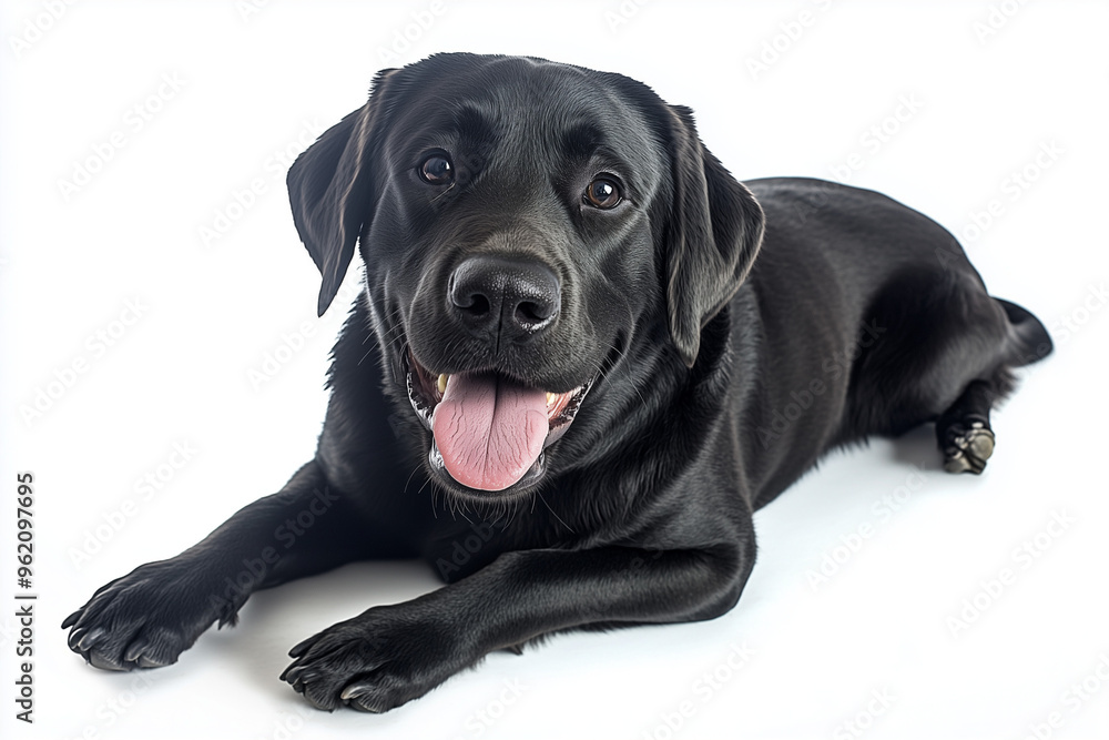 Portrait of black dog isolated on white background, Black labador with stick his tongue out posture, Smile black dog. Portrait of black dog isolated on white background, Black labador with stick his tongue out posture, Smile black dog.