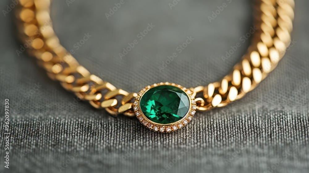 Close-up of a statement necklace with gold chains and a large emerald centerpiece, Jewelry, Luxury design Close-up of a statement necklace with gold chains and a large emerald centerpiece, Jewelry, Luxury design