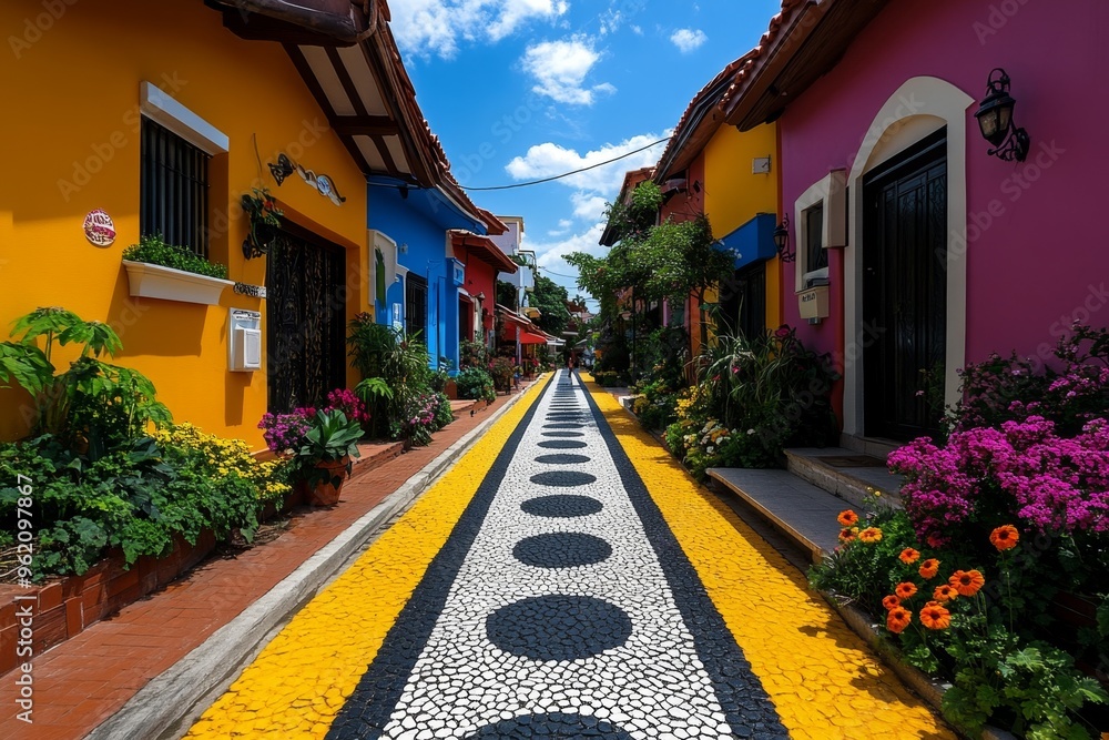 Fototapeta premium Beautiful cozy street, colorful facades, vibrant charm is filled with pastel-colored houses, each adding a splash of joy to the peaceful setting
