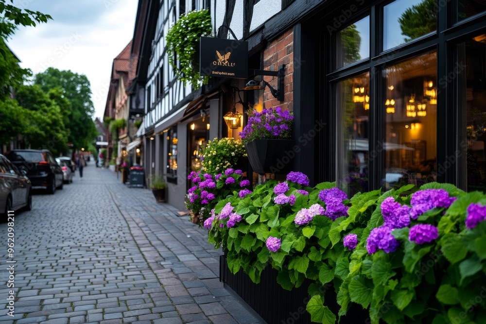 Fototapeta premium Beautiful cozy street, historic inns, welcoming ambiance invites you to stay in a charming, centuries-old inn, with cozy rooms and warm hospitality