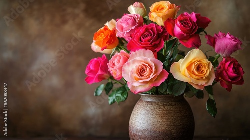 Wallpaper Mural A close-up of vibrant mixed roses arranged in a rustic ceramic vase, evoking a sense of comfort and charm. Torontodigital.ca