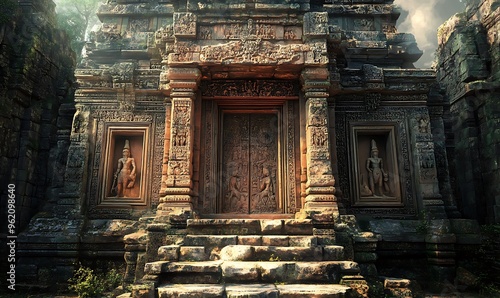 Ancient Stone Temple Entrance with Carvings and Steps