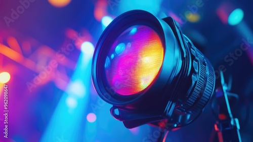 A close-up shot of a stage light, its lens reflecting vibrant, multicolored beams, ready to dazzle the audience.