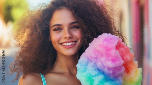 Latin American Girl with rainbow cotton candy. photo