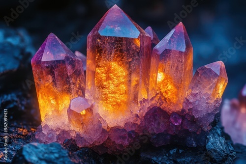 mesmerizing macro shot of rare donnayite crystal iridescent facets gleaming against obsidian background ethereal glow emanating from within bannerstyle composition photo