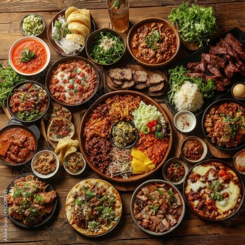 An assortment of international cuisines displayed on a rustic table, highlighting the diversity of global food cultures for World Food Day