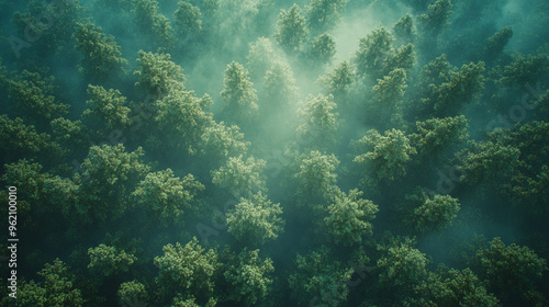 Aerial view of cedar trees with dramatic lighting. Dense forest, with rays of sunlight cutting through the foggy air, emphasizing the depth and texture of the tree canopy.