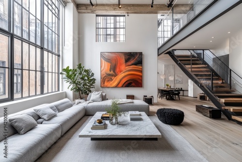 Modern Loft Living Room with Gray Sofa, Marble Coffee Table, and Abstract Art Piece photo