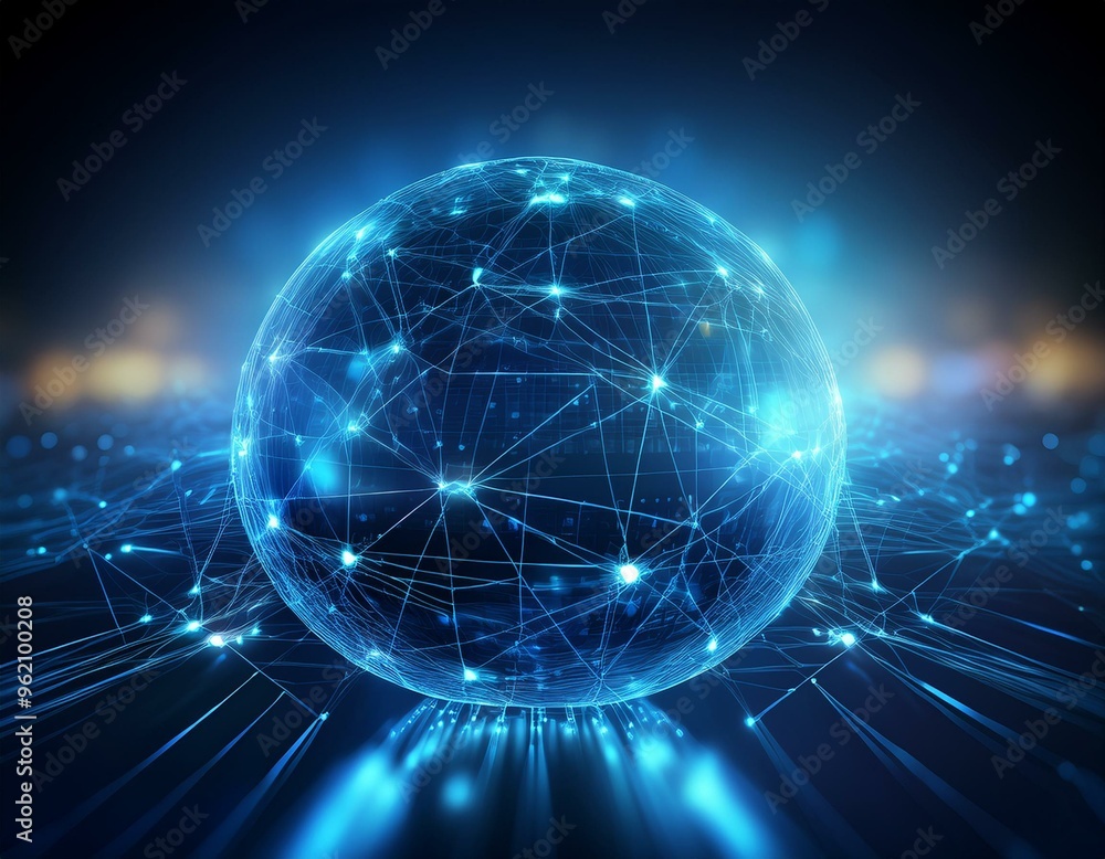 A glowing blue sphere with intricate network lines, representing digital connection and global communication. A glowing blue sphere with intricate network lines, representing digital connection and global communication.
