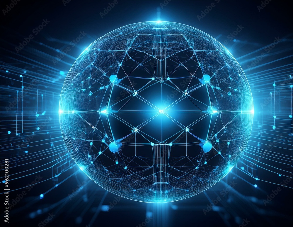 Obraz premium A glowing blue sphere with intricate network lines, representing digital connection and global communication.