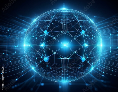 A glowing blue sphere with intricate network lines, representing digital connection and global communication.