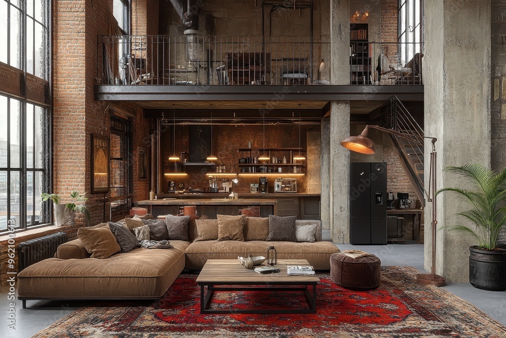 Modern Industrial Loft Living Room with Metal-Framed Sofa, Reclaimed Wood Table, and Vintage Floor Lamp Modern Industrial Loft Living Room with Metal-Framed Sofa, Reclaimed Wood Table, and Vintage Floor Lamp