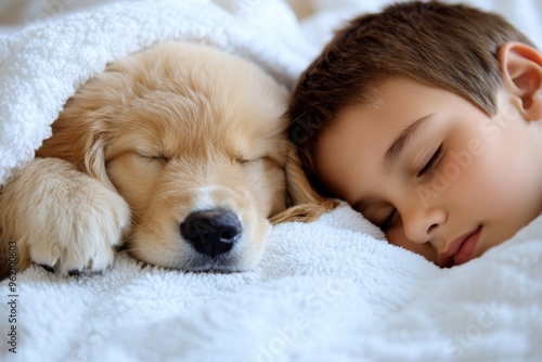 Children and pet, snuggled up, naptime together both drift off to sleep, wrapped in warmth and safety beside each other