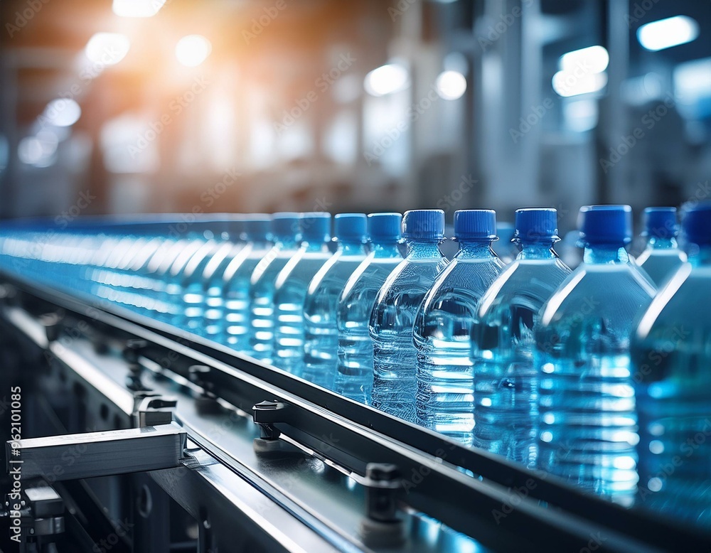 A row of bottled water on a production line.