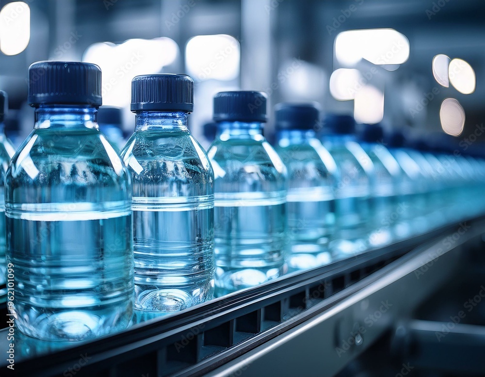 A row of bottled water on a production line. A row of bottled water on a production line.