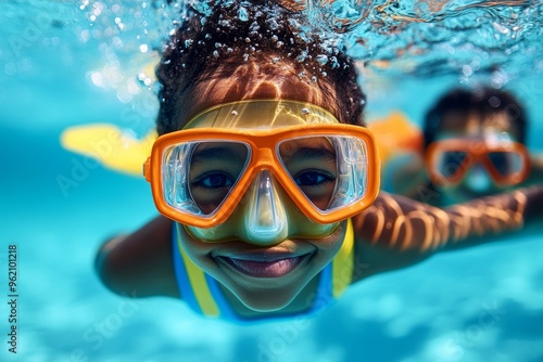 Children in the pool, goggles on, underwater explorers dive deep to find toys and treasures at the bottom