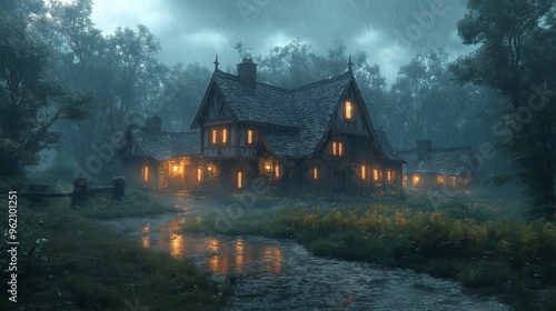 A quaint, stone cottage with lit windows nestled amongst lush greenery, shrouded in a misty, rainy night.