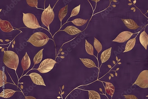 Elegant floral pattern with gold leaves on a deep purple background. photo