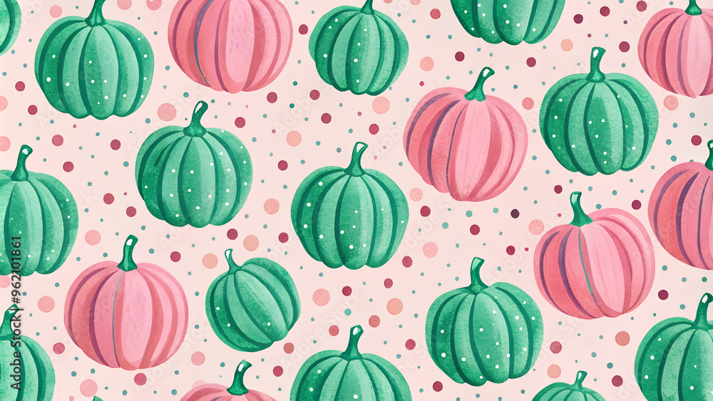 Colorful pumpkins pattern on a light background with dots for decorative use
Colorful pumpkins pattern on a light background with dots for decorative use