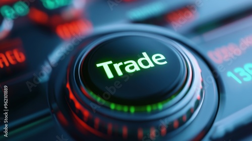 A close up of a button that says trade on it, AI