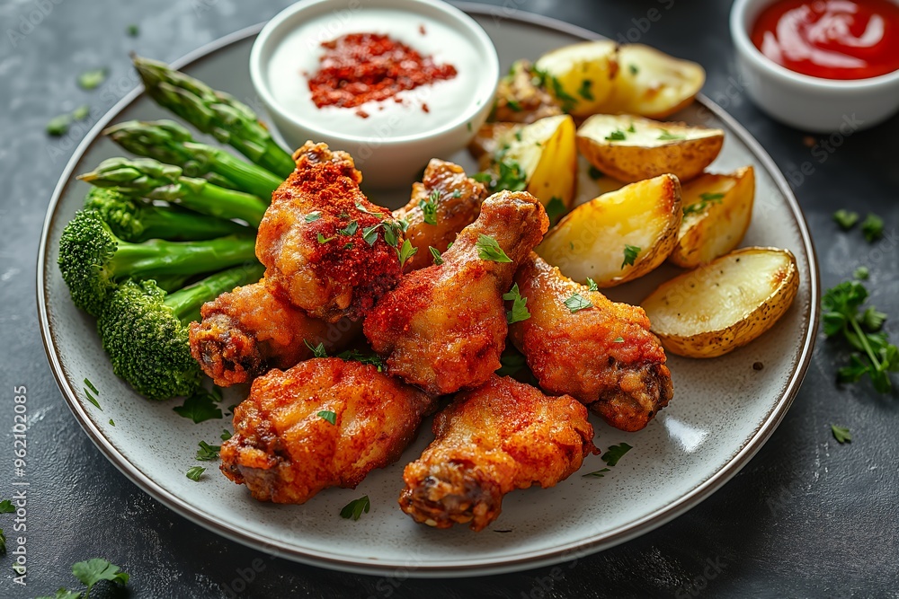 Close-up of crispy chicken wings, potato wedges, asparagus, and broccoli on a white plate with a side of ranch dressing and tomato sauce. Close-up of crispy chicken wings, potato wedges, asparagus, and broccoli on a white plate with a side of ranch dressing and tomato sauce.