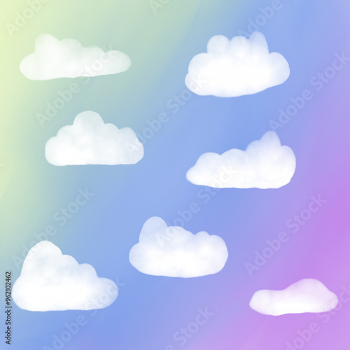 Multiple cloud on colorful rainbow sky background, watercolor digital painting
