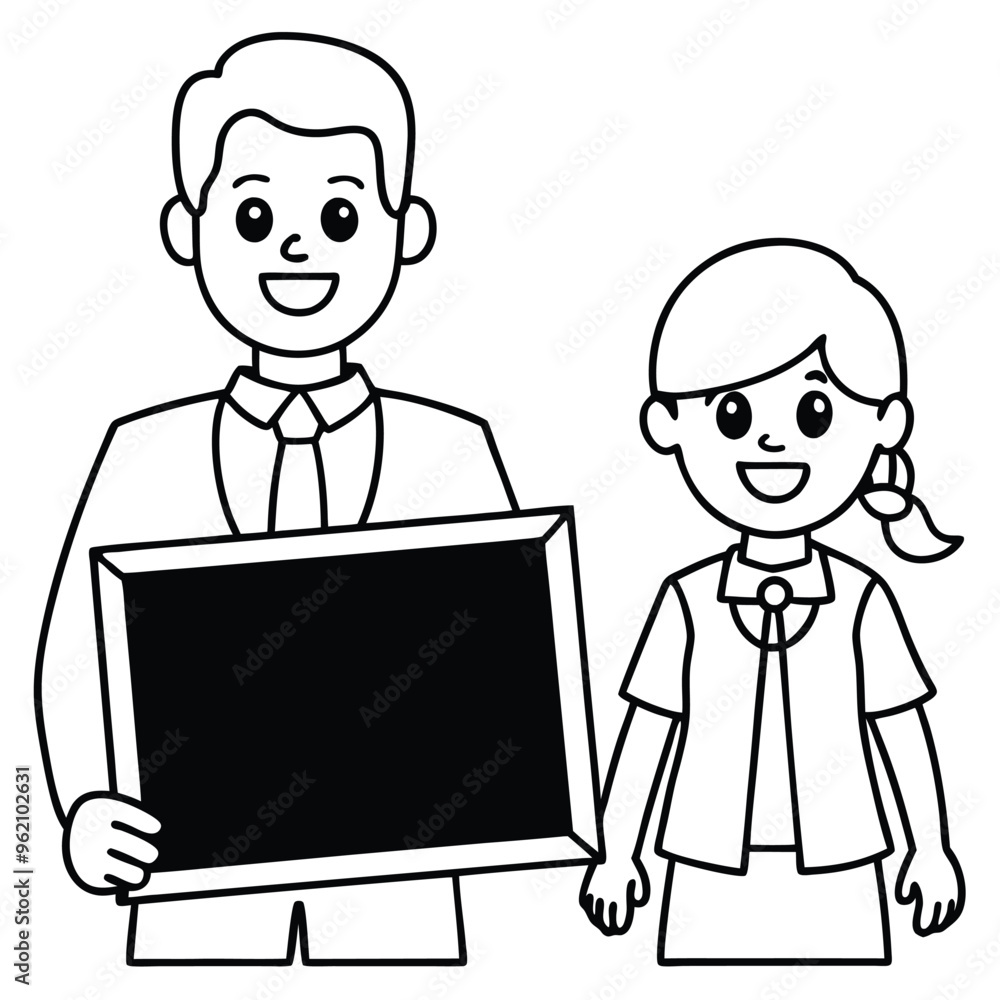Character happy student and teacher holding blackboard Character happy student and teacher holding blackboard
