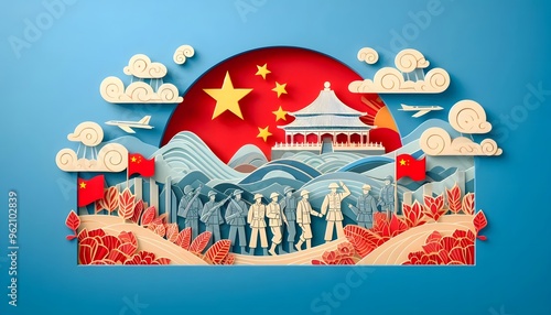 Wallpaper Mural A stylized paper-cut scene representing the unity of workers, farmers, and soldiers during the 1949 proclamation, symbolizing the National Day of the People's Republic of China on October 1st. Torontodigital.ca