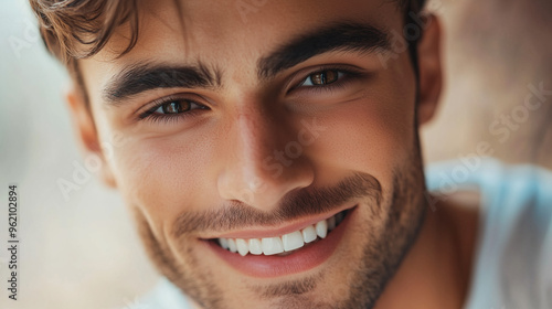 Closeup of a Photogenic Brunette Man with a Positive Attitude and Attractive Smile, Perfect for Beauty and Skincare Advertisements photo