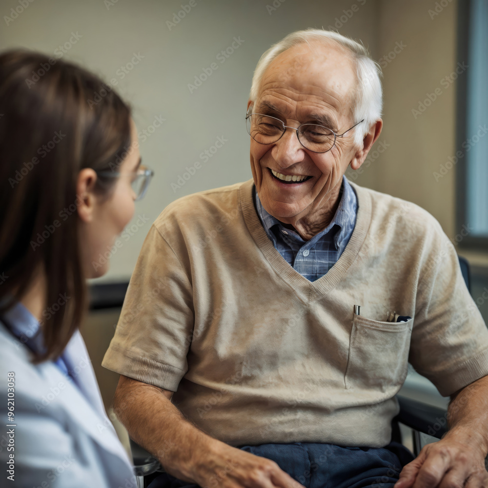 Smiling Senior Man Engaged in a Warm and Supportive Conversation with a Healthcare Professional During a Doctor's Consultation Smiling Senior Man Engaged in a Warm and Supportive Conversation with a Healthcare Professional During a Doctor's Consultation
